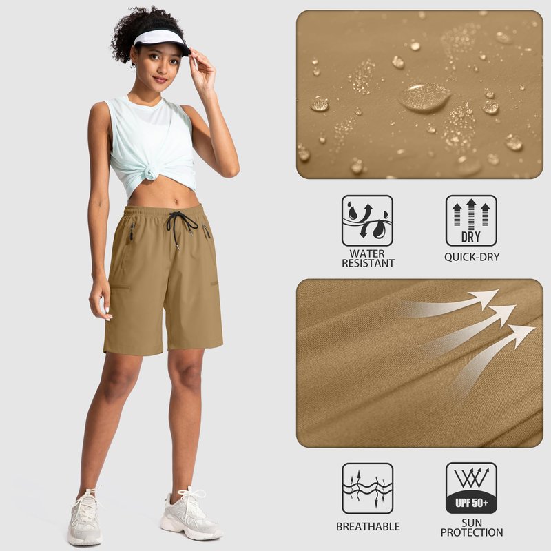 SANTINY Women's 5''/ 7''/9'' Hiking Cargo Shorts Quick Dry Lightweight Summer Shorts for Women Athletic Zipper Pockets(Dark Khaki_L)