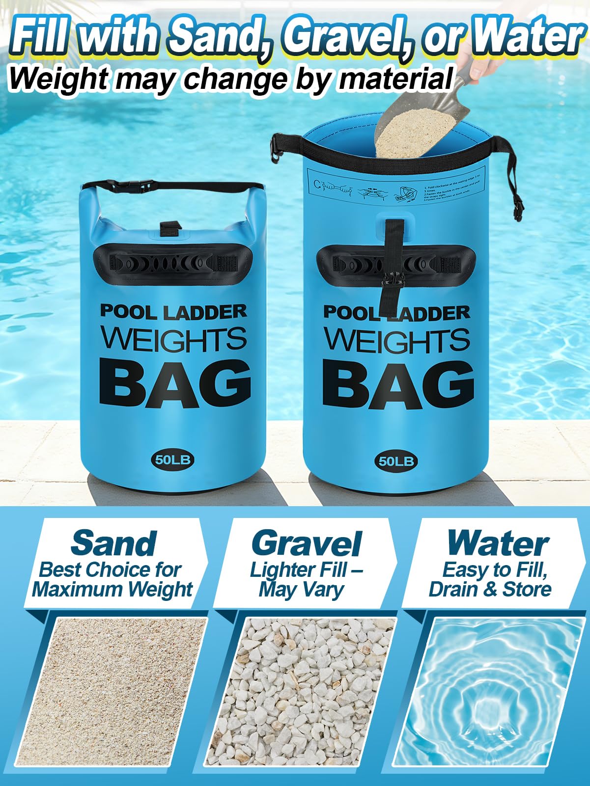Cosweet 2 Pack Heavy Duty Pool Ladder Weights - 50lb Easy to Fill Anchor Bags, 500D PVC Waterproof Sand Bags with Handles & Secure Buckle Closure to Stabilize Above Ground Swimming Pool Steps