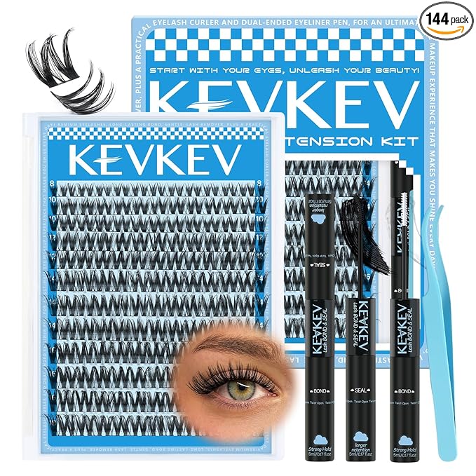 KEVKEV Lash Clusters Kit 144pcs Flora Lashes Clusters 8-18mm Lash Extension Kit Thin Band Eyelash Extension Kit Lash Clusters with Lash Bond and Seal Eyelash Clusters Kit DIY Lash At Home(Kit-K03)