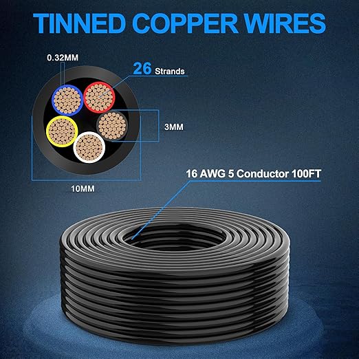 NAOEVO 16 Gauge Wire 5 Conductor Electrical Wire, 16 AWG Stranded PVC Cord, 12V Low Voltage/Tinned Copper/Flexible Cable for Automotive Wiring, Lamp Cord, Marine Cable (100FT)