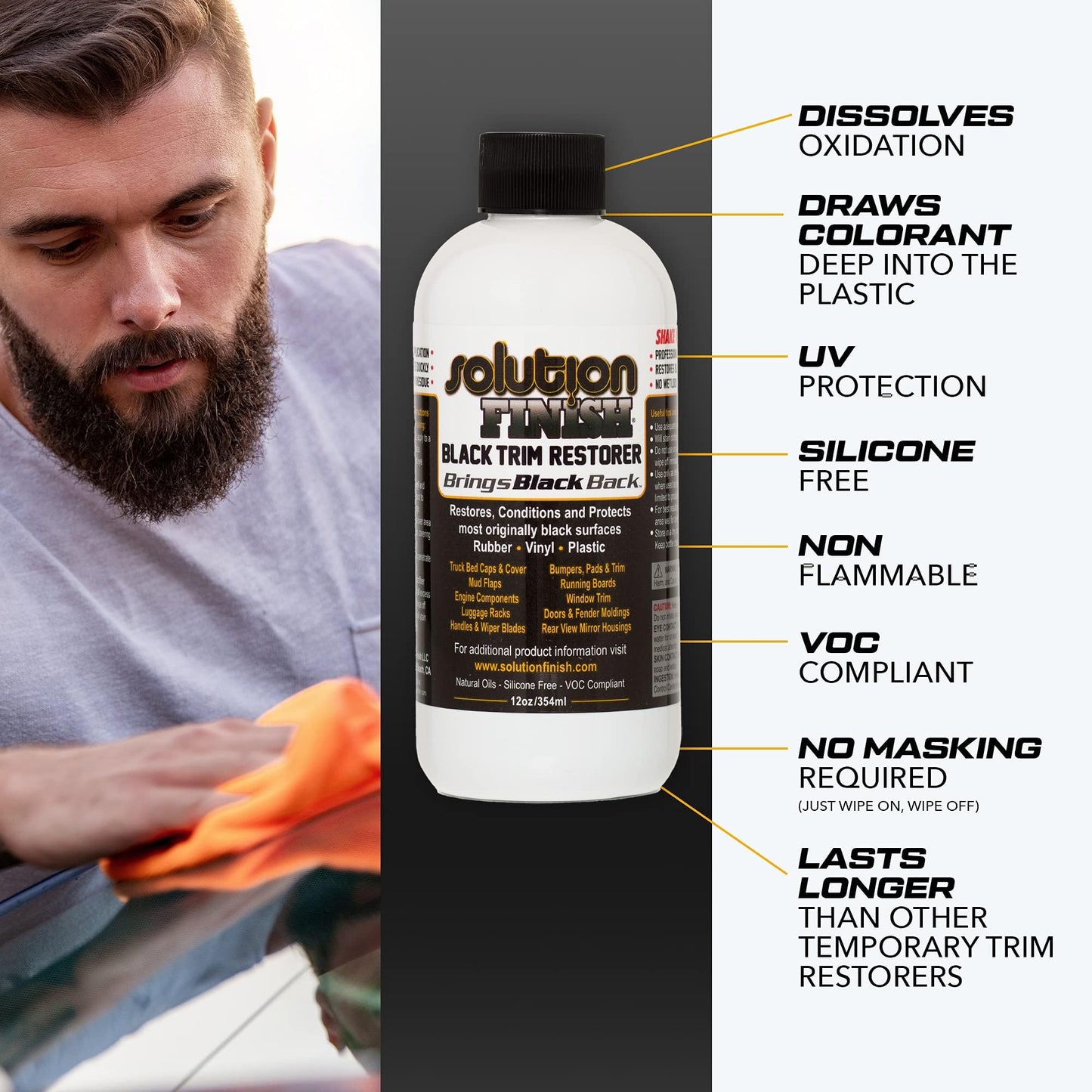 Solution Finish - Black Plastic & Vinyl Trim Restorer - Use for Car and Truck Detailing, No Wet Look, Instantly Revives Color to Trim, Bumpers, Mud Flaps, Etc., Black (12 oz)