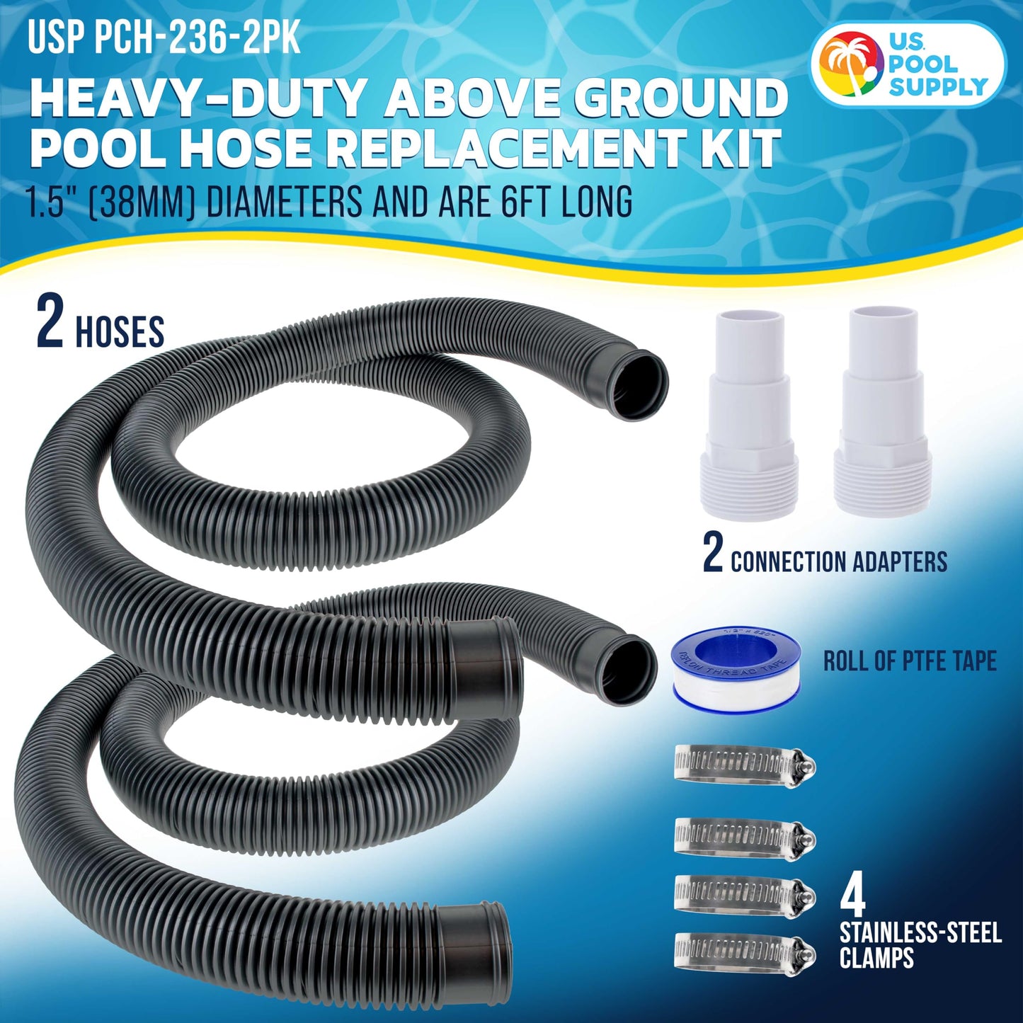 U.S. Pool Supply 1.5" Heavy-Duty Above Ground Pool Hose Replacement Kit - 2 Silver 6 Foot Hoses, 2 Connection Adapters, 4 Clamps - Compatible with Intex Filter Pumps