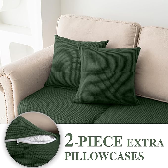 Couch Cushion Covers for Sectional Sofa L Shape Washable Separate Seat Chaise Couch Cover Stretch Sofa Slipcovers with 2 Pcs Pillowcases(3 Seater + 1 Chaise, Green)