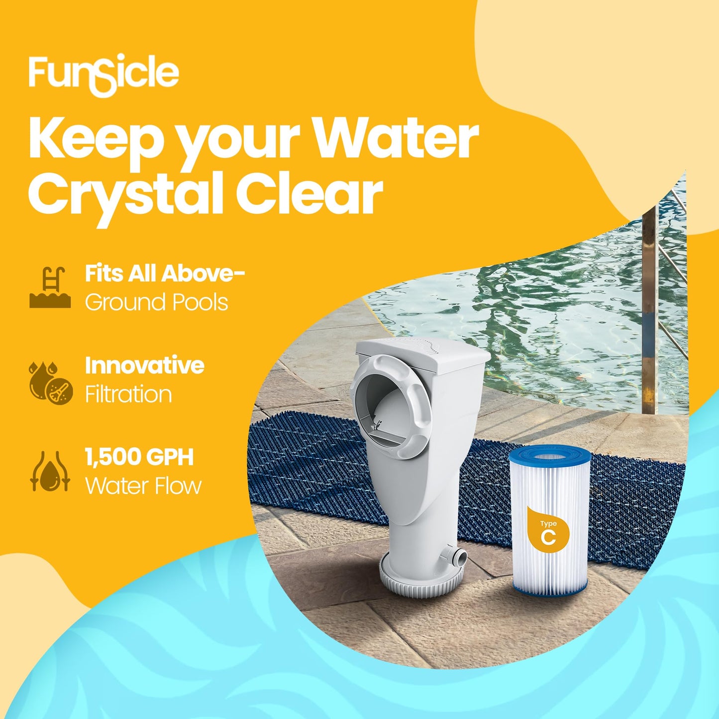 Funsicle SkimmerPlus 1,500 GPH 2-in-1 Filter Pump and Skimmer System for Above Ground Swimming Pools - Pool Cleaning and Maintenance