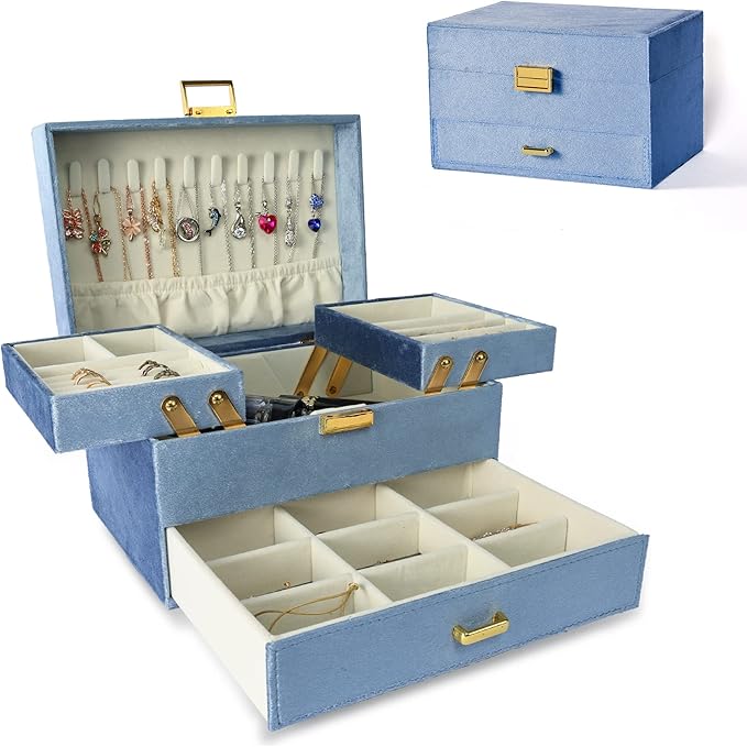 Dajasan Jewelry Organizer Box, Large Jewelry Boxes for Women Girls, Space-Saving 3 Layers Jewelry Storage Case with Drawer, Gift Idea for Christmas, Valentine's Day, Birthday, Mother's Day (Blue)