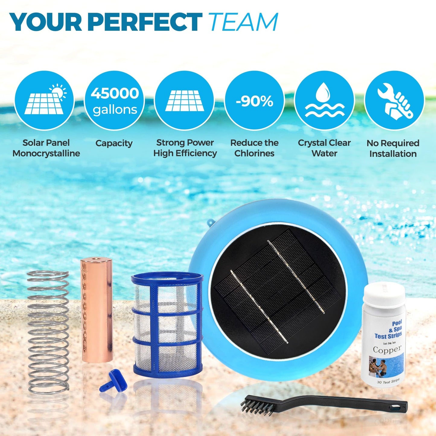 Solar Pool Ionizer - Enhanced with Latest Solar Technology & Longer-Lasting Anode | Reduces Chlorine- Mineral-Based Pool Cleaning Device | 85% Less Chlorine for Pools Up to 45,000 Gallons