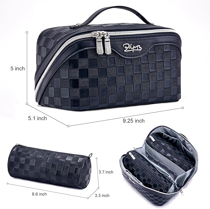 BOYATU Travel Makeup Bag Organizer Cosmetic Bag: 3 Pcs Set Make up Bags for Women with Handle - Waterproof Vegan Leather Toiletry Bags Travel Essentials Pouch with Compartments (03-A-Dark Blue)