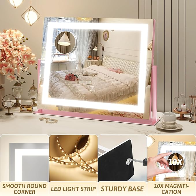 ROLOVE Pink Vanity Mirror with Lights 22"x18", Lighted Makeup Mirror with 10X Magnification, Smart Touch 3 Colors Dimmable, 360° Rotation, Gift for Teens