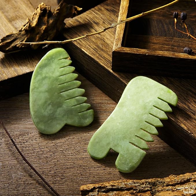 BBTO 2 Pcs Jade Comb for Scalp Massage Gua sha Comb for Head Body spa Hair Multifunctional Handheld Massage Tools(Heart, Classic Style)