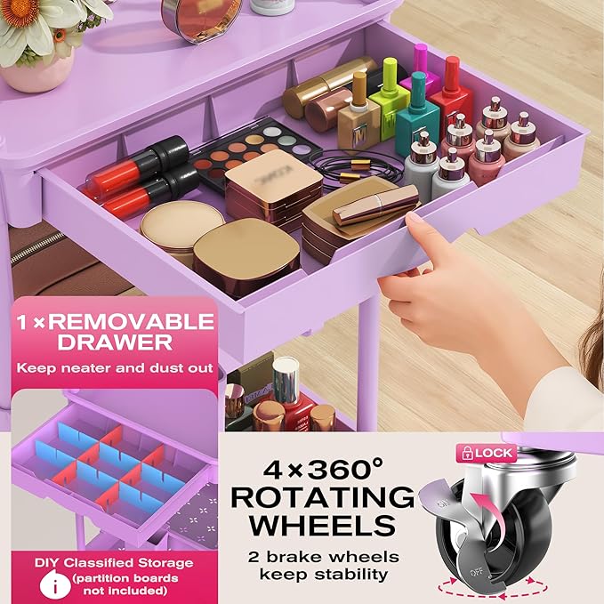 Goovilla Rolling Makeup Organizer Cart with Removable Drawer, 3 Tier Stable Purple Floor Skincare Storage Cart for Vanity, Cosmetic Display, Nail Polish, Perfume, Hair Stuff, Beauty, Bathroom(Plastic)