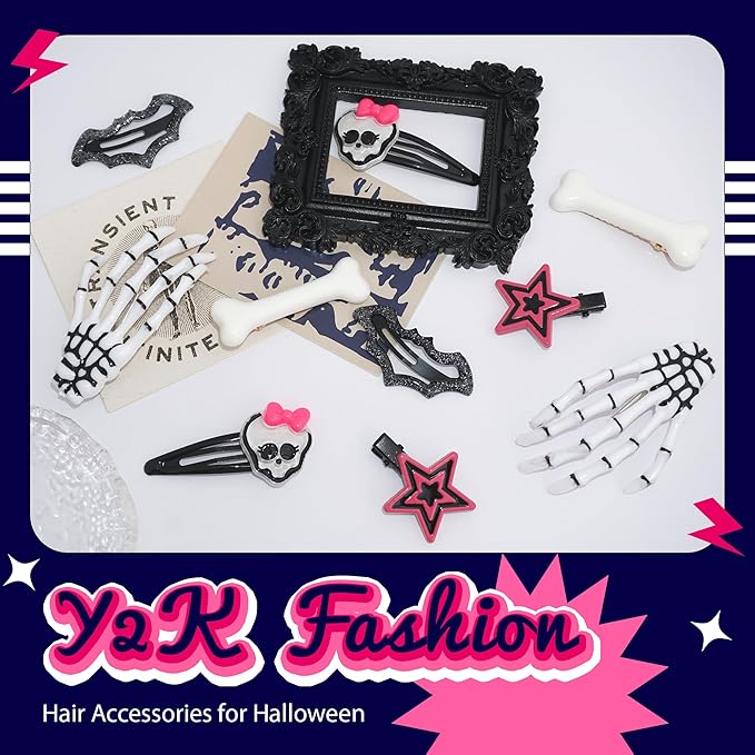 10PCS Y2K Hair Clips Punk Halloween Hair Clip Pastel Goth 90s Ghost Spider Star Skeleton Spooky Hair Accessories for Women Girls
