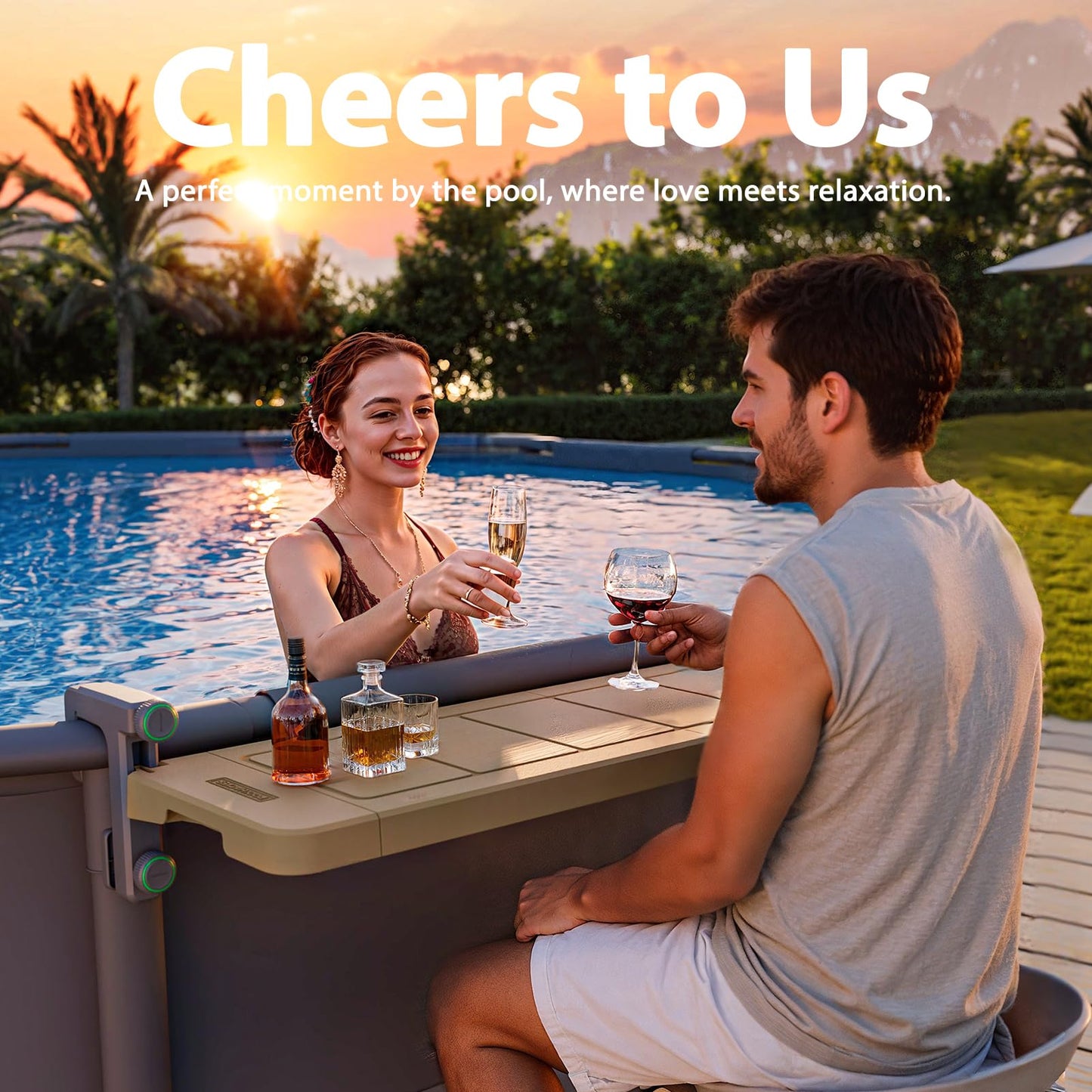 POOLHACKER Poolside Bar, [Original] Swim Up Bar Exclusively for Above-Ground Round Pools. Patio Poolside Table Smart Fold Easy Maintenance, Weather Resistant Stable Tabletop (Amber Brown)