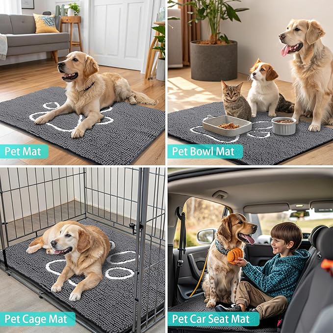 Smiry Dog Door Mat for Muddy Paws, Absorbent Dirt Trapper Non Slip Quick Dry Washable Chenille Mat for Mud Dogs, Entry Rug for Indoor and Outdoor (59x24 Inches, Dark Grey and White)