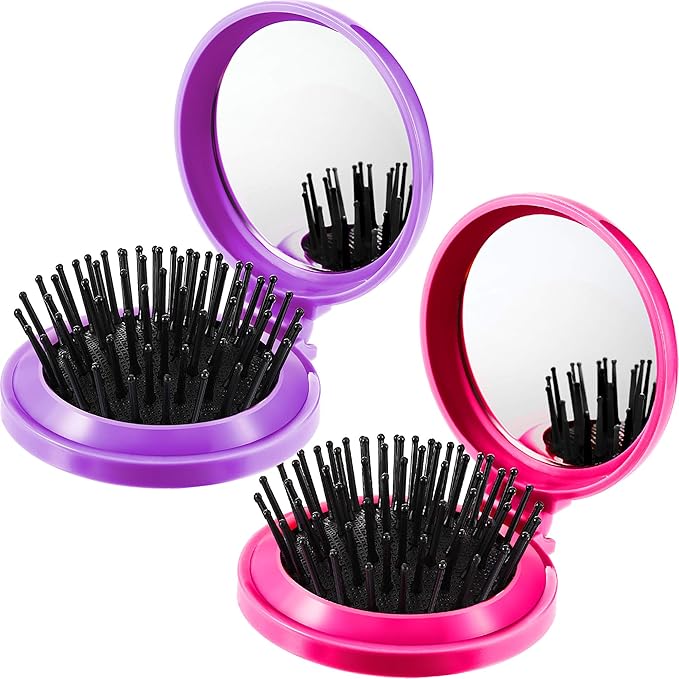 Boao 2 Pack Foldable Travel Mirror Hair Brushes Portable Folding Pocket Hair Brush Mini Comb Compact Travel Size Massage Comb for Men Women(Purple, Rose Red,Round)