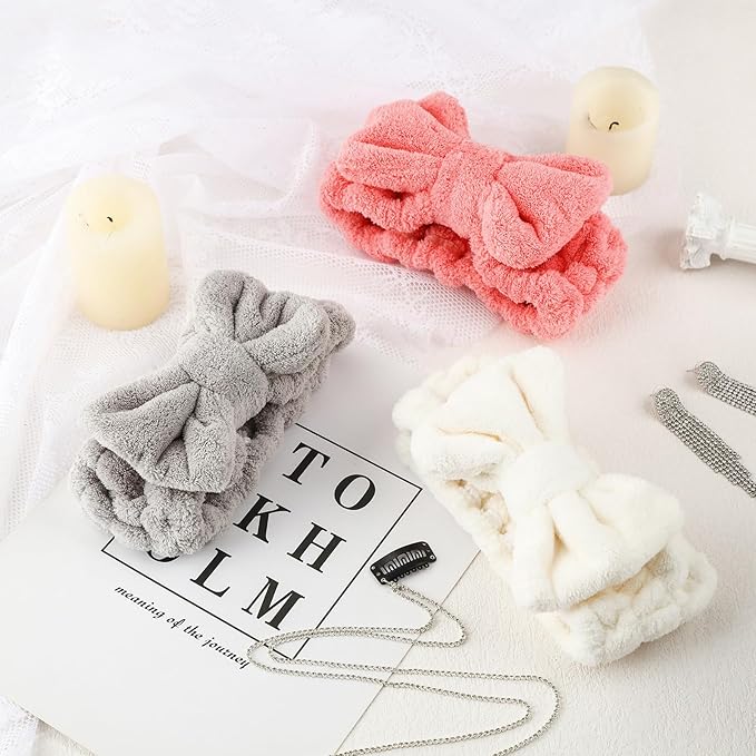 3 Pieces Towel Headbands for Women Makeup Headband for Washing Face Makeup Spa Headband, Microfiber Bowtie Shower Headband for Women (Light Coral, Grey, White)