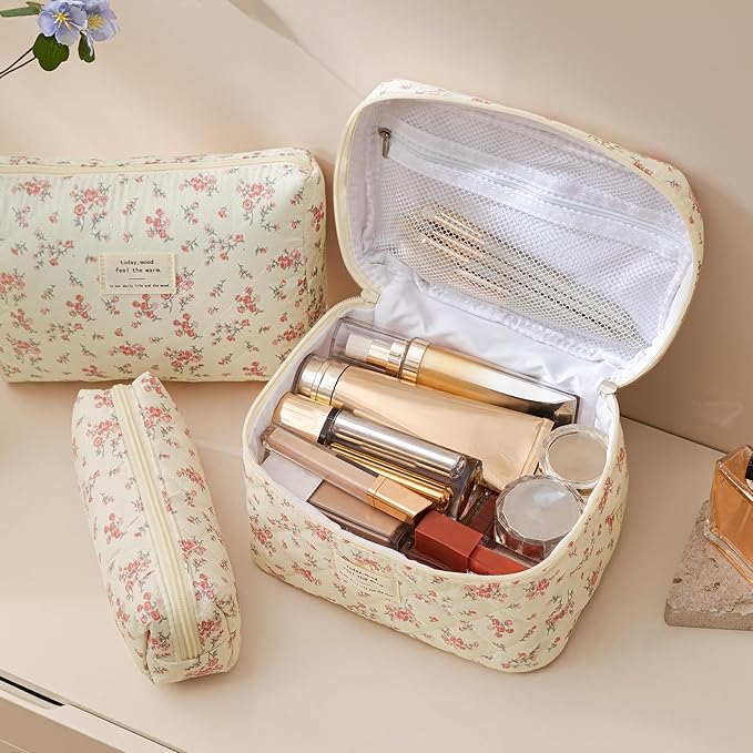 HBselect Quilted Makeup Bag, 3PCS Cotton Large Travel Makeup Bag, Cute Floral Coquette Make up Bag Cosmetic Bag Toiletry Bag for Women Girls