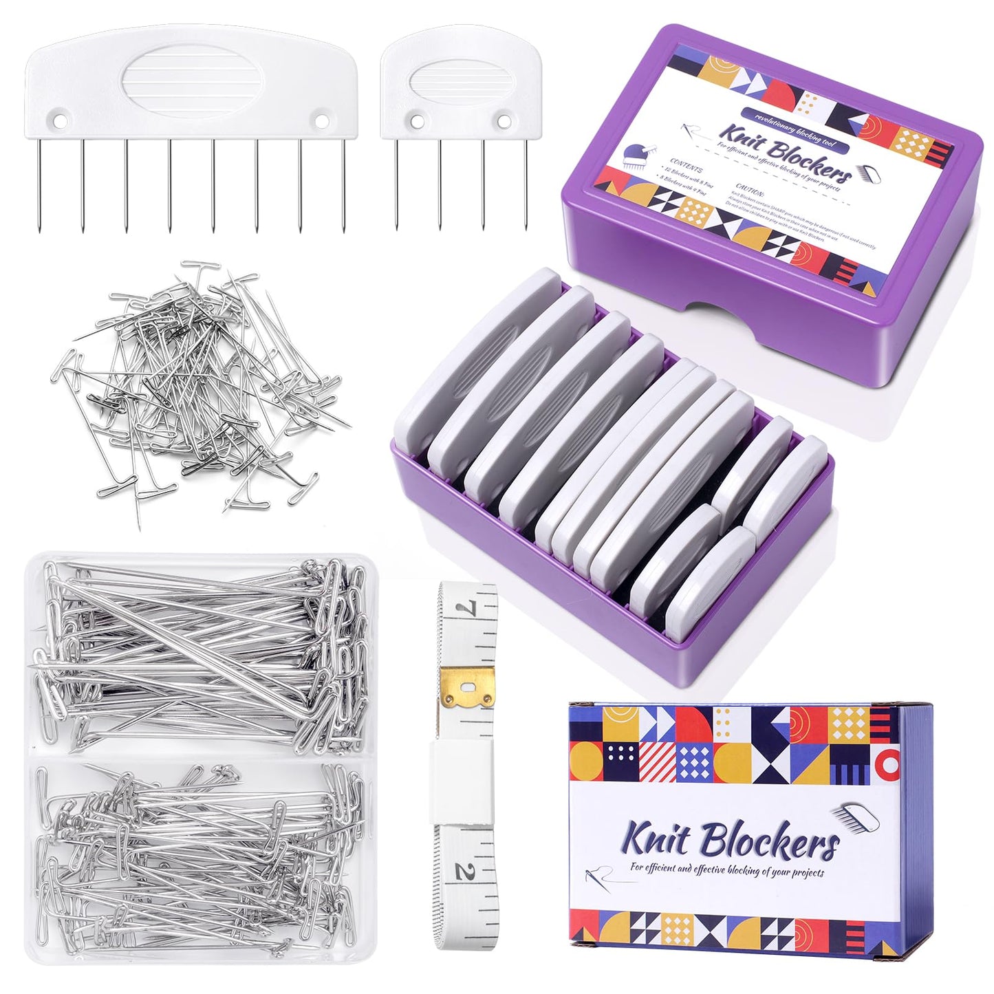 Opstin 130Pcs Knit Blocking Pins Kit for Knitting & Crochet Projects,20 Knit Blockers, Blocking Combs, Knitting Block Pins for Blocking Mats, Crochet Block Kit with 100 T-Pin and Storage Box