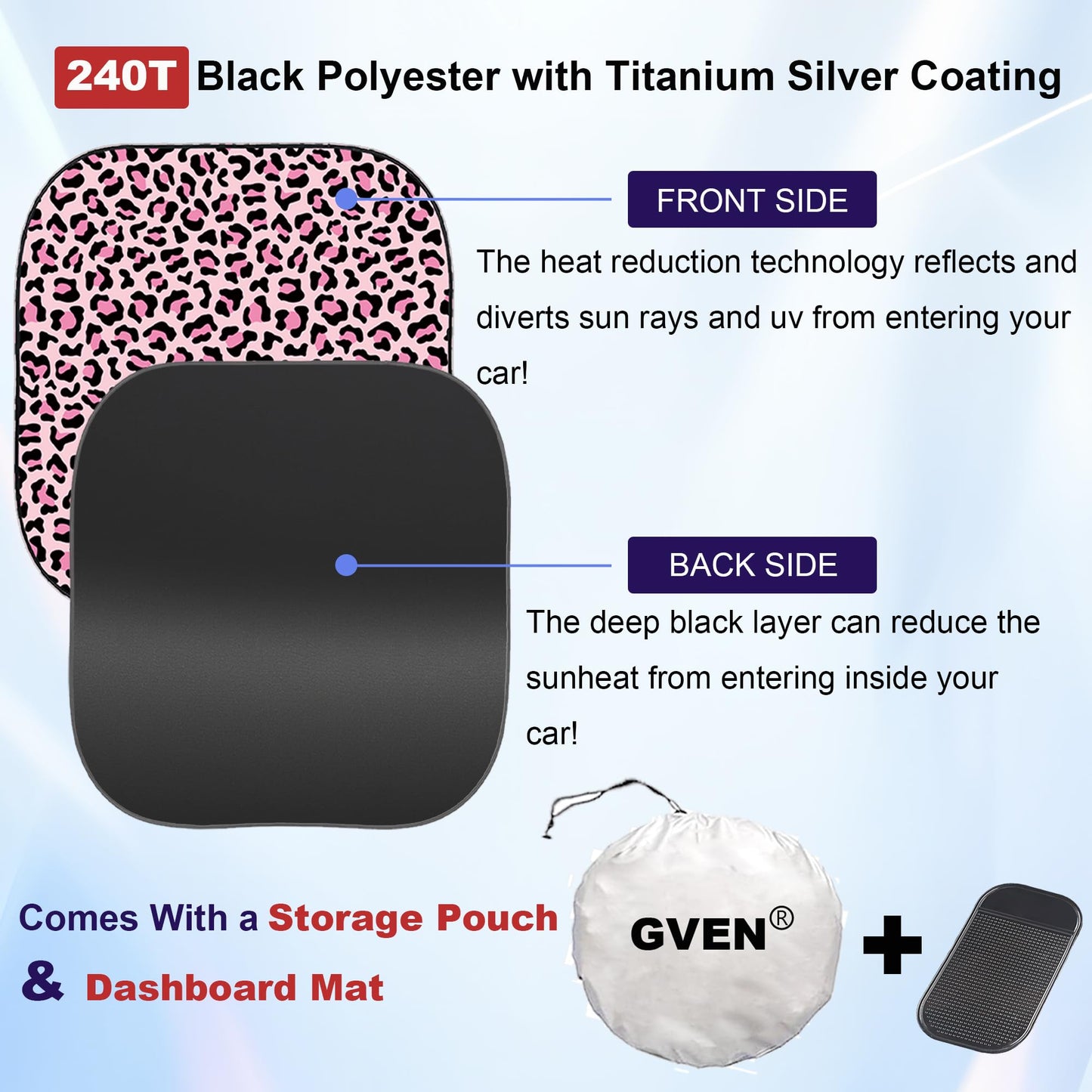 Gven Windshield Sun Shade 2pcs with Bonus Pink Car Sunshade for Front Window Shades 2025 Technology Reflect UV and Heat Sun Visor Automotive Accessories Interior Sun Protection (Pink Leopard, M)