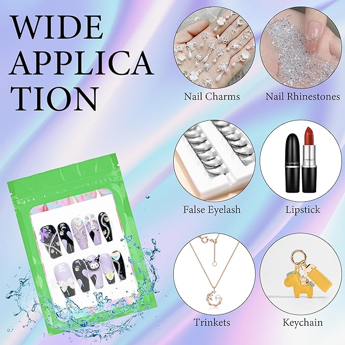100PCS Empty Solid Green Holographic Nail Storage Bag Press on Nail Packaging Bag and 100PCS Shiny white cardboard Nail Tips Packaging Bags with 1 Roll Transparent Tape