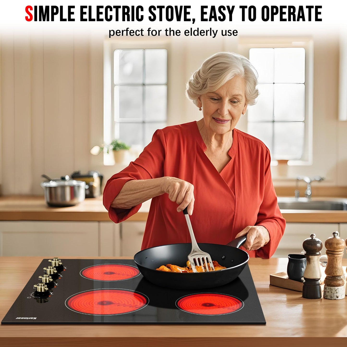 Karinear 24 Inch Electric Cooktop 4 Burners Electric Stove, Knob Control,6000W, Built-in Radiant Hob,Residual Heat Indicator, Overheat Protection,Hardwired 220V Radiant Ceramic Stove(Gold Knob)