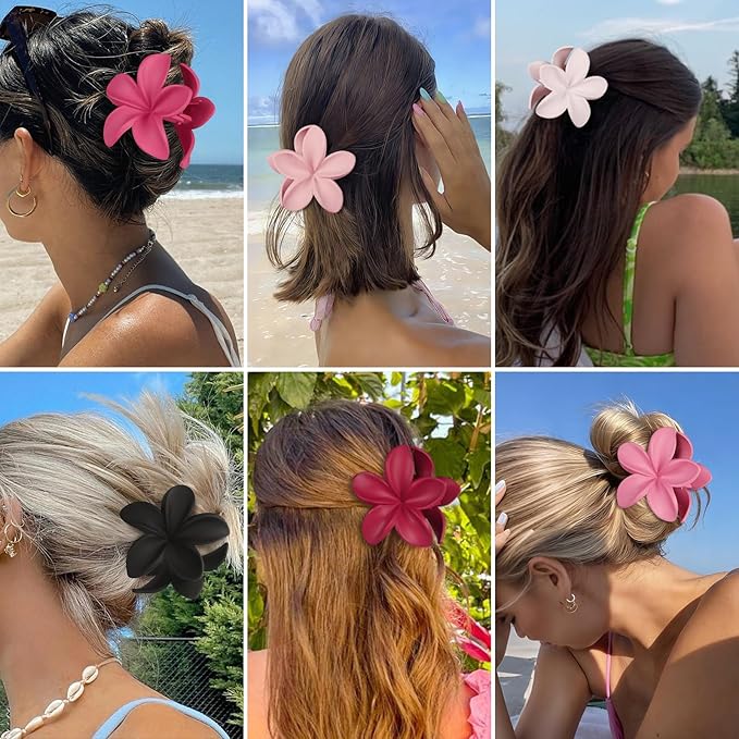 Flower Hair Clips for Women 6 Pcs Hawaiian Large Claw Clips Plumeria Medium Hair Claw Clips for Thick Thin Hair Hibiscus Tropical Beach Hair Accessories for Women Girls and Girls (Pink)