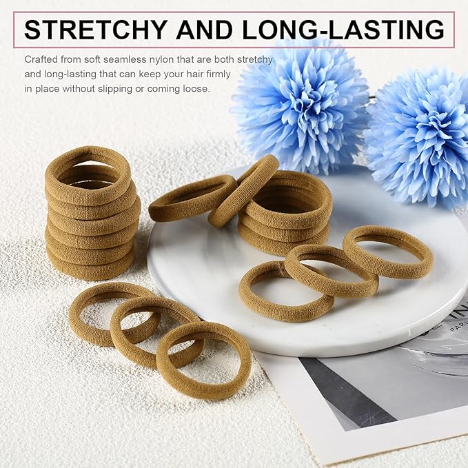 LuSeren 120 Pcs No Damage Hair Ties for Thick Hair, Large Soft Seamless Nylon Hair Elastics for Women, Ponytail Holders, Hair Accessories Ã¢ÂÂ Light Brown