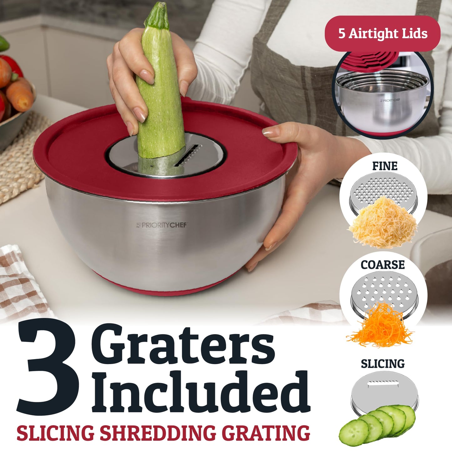 Priority Chef Stainless Steel Mixing Bowls with Lids Set, 3 Grater Attachments, Airtight Lids, Non-Slip Silicone Base Mixing Bowl Set, Large Prep Metal Mixing Bowls for Kitchen, Green