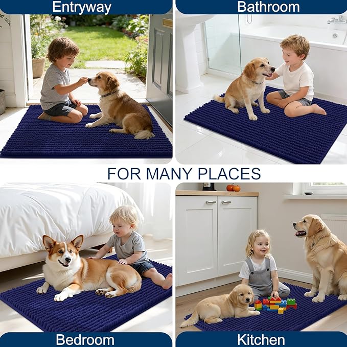 OLANLY Dog Door Mat for Muddy Paws 47x20, Ultra Absorbent Chenille Mud Doormat, Non-Slip Washable and Dirt Trapping Doormat for Indoor Entryway, Quick-Dry Indoor Pet Bed Mats for Dogs, Navy Blue
