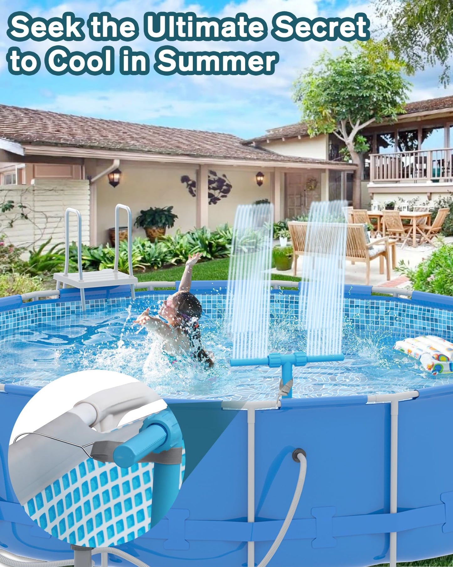 Pool Fountain, 2-in-1 Water Fountains with 360° Adjustable Dual Spray Retractable Height High-Pressure Waterfall Sprinkler for Above Ground/Inground Pool Accessories, Swimming Pool Spa Cooling, Blue