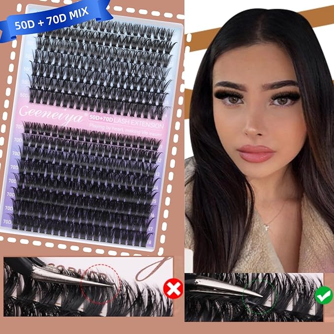 Geeneiya Wispy Lash Clusters Kit 50D+70D Lash Extension Kit 10-18mm Cluster Eyelash Extensions Kit Natural Individual Lashes Kit with Waterproof Lash Bond and Seal Glue Lash Tweezers for Beginners