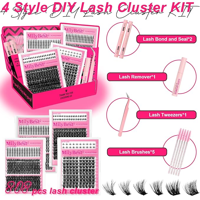 MilyBest Lash Clusters Kit 808Pcs Eyelash Clusters with Spikes and Bottom Lashes Clusters D Curl 4 Styles Lash Kit Fluffy DIY Individual Eyelashes Glue Wispy Cluster Eyelash Extensions Kit De Pestañas