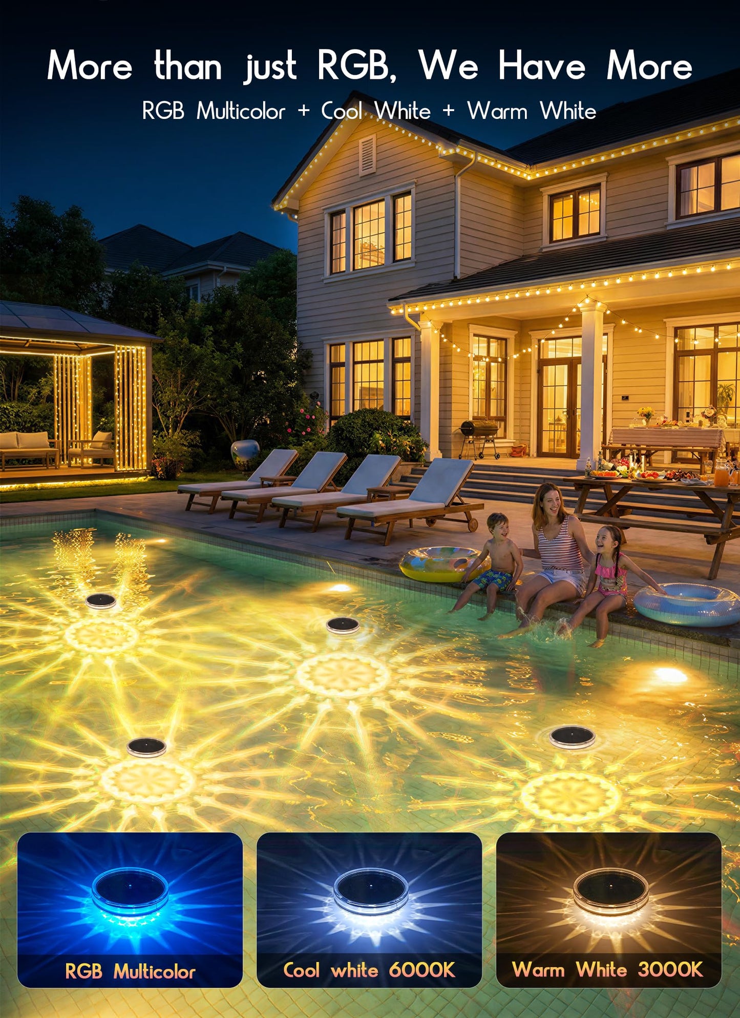 Floating Solar Pool Lights 1 Pack, RGBWW 12 Lighting Modes, 3 Dimming & Timing IP68 Waterproof with Remote Control, Solar Floating Pool Lights for Above Ground Pools Inground Pools Accessories Bathtub