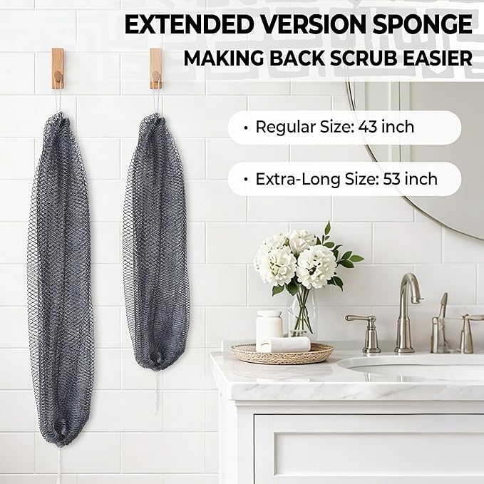 African Net Sponge Authentic - 2 Pieces 52IN Stretched Length Exfoliating Body Scrubber Bath Sponge - Loofah Washcloth Back Scrub for Shower Body Exfoliator
