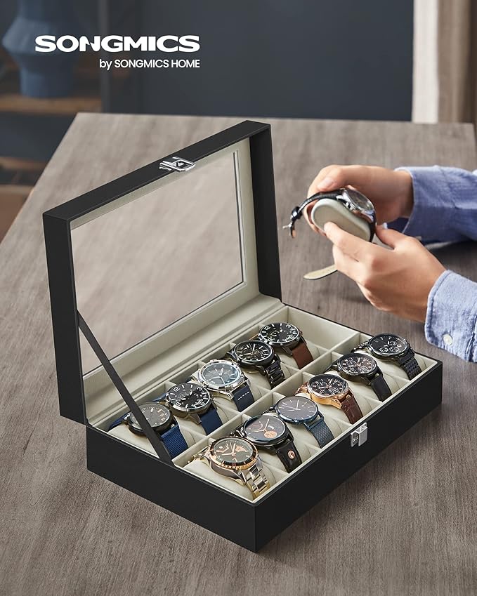 SONGMICS Watch Box, 12-Slot Watch Case Organizer with Large Glass Lid, Removable Pillows, Gift for Loved Ones, Black Synthetic Leather, Greenish Beige Lining UJWB12BE
