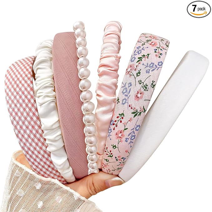 Headbands for Women Girls, 7pc Set - Non Slip Floral Padded Headbands Cute Pearl Headband for Girls Vintage Wide Headband