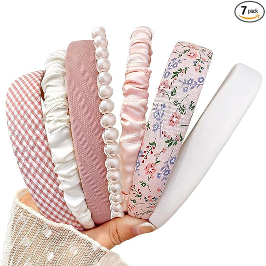 Headbands for Women Girls, 7pc Set - Non Slip Floral Padded Headbands Cute Pearl Headband for Girls Vintage Wide Headband