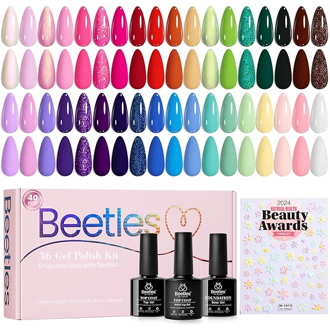 beetles Spring Gel Nail Polish Set - 36 Colors Verse of Flower Gel Nail Kit Pink White Black Red Purple Blue Yellow Gel Colors & 3Pcs Base Top Coat Soak off UV Home Salon Easter Gift for Women