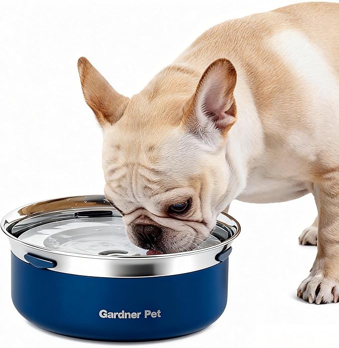 Gardner Pet Slow Water Bowl for Dogs, 2L/68oz Spill-Proof Pet Water Bowl with Floating Disk & Filter Screen, Stainless Steel No-Spill Water Dispenser for Medium Large Pets