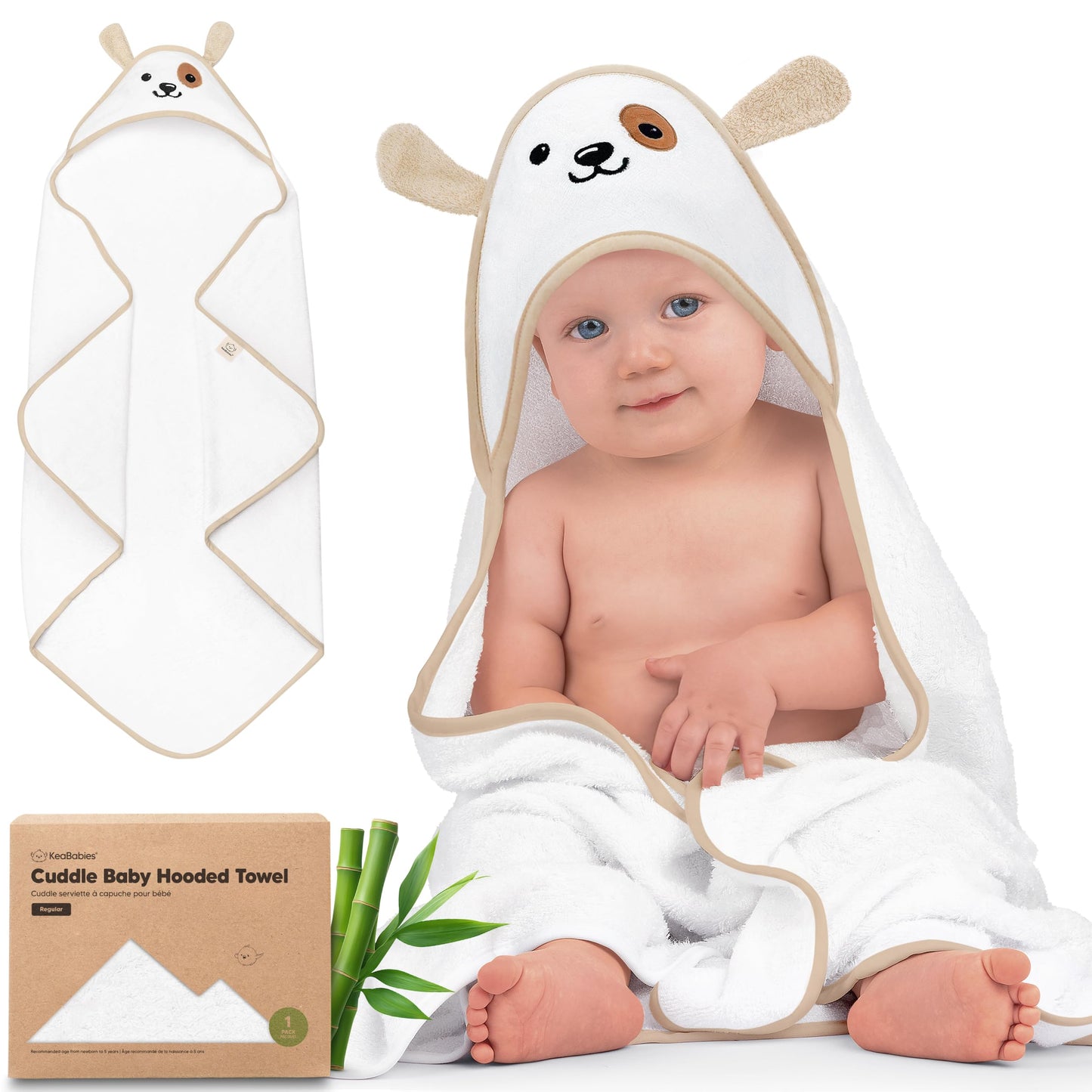 KeaBabies Hooded Baby Towel for Newborn - Viscose Derived from Bamboo Large Baby Bath Towels with Hood for Boys, Girls, Toddler, Extra Absorbent & Soft Newborn Bath Essentials (Dog, Regular)