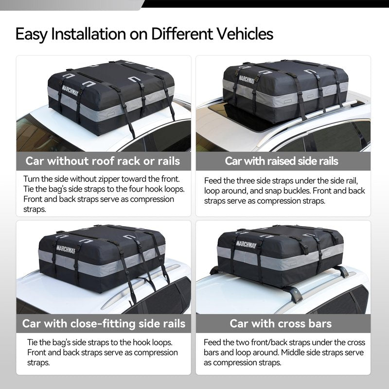 MARCHWAY Waterproof Car Roof Luggage Bag, Weatherproof Soft Shell Rooftop Cargo Carrier Bag for Vehicles with or Without Rack. 6 Door Hooks, Anti Slip Mat, Lock Included (15 Cubic Feet, Black)