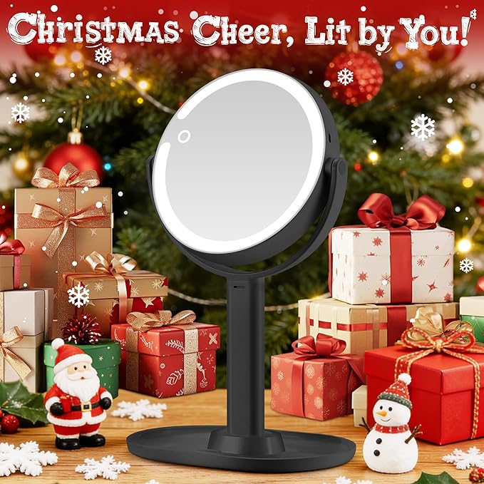 Makeup Mirror with Lights, Double Sided 1x/20x Magnifying Mirror with Light, Rechargeable 3 Color Lights and Adjustable Brightness, 360° Rotation Detachable Comes with Tweezer(Black)