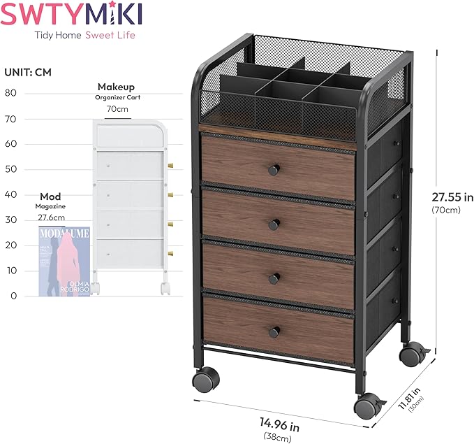 SWTYMIKI Rolling Makeup Organizer Cart - 14.96Ã¢ÂÂ³*11.81Ã¢ÂÂ³*27.55Ã¢ÂÂ³ Widened Under Desk Vanity Storage with 4 Non-woven Drawers, Cosmetic Display Cases for Skin Care Perfume Nail Polish Brush Hair Tool Black