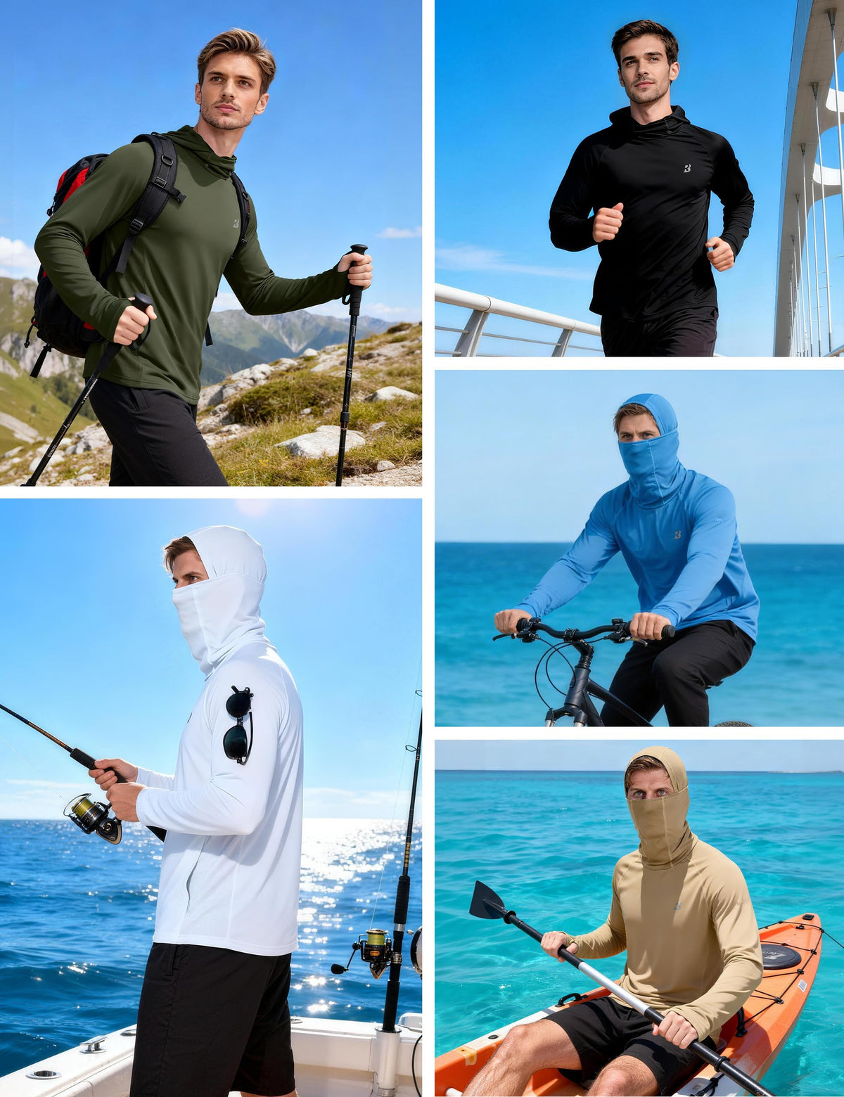 Roadbox Mens UPF 50+ Sun Protection Hoodie, Long Sleeve Fishing Shirt with Mask, Lightweight UV SPF Hooded for Hiking Running Dark Green