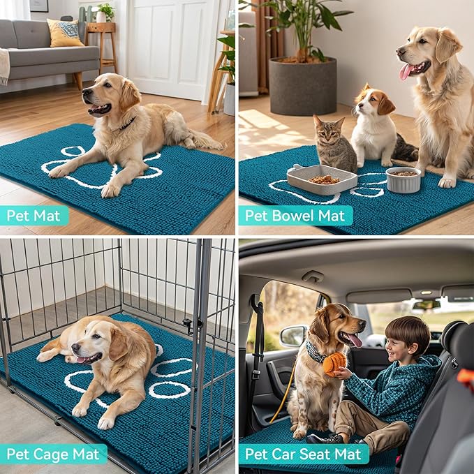Smiry Dog Door Mat for Muddy Paws, Absorbent Dirt Trapper Non Slip Quick Dry Washable Chenille Mat for Mud Dogs, Entry Rug for Indoor and Outdoor (36x24 Inches, Atlantic Blue and White)