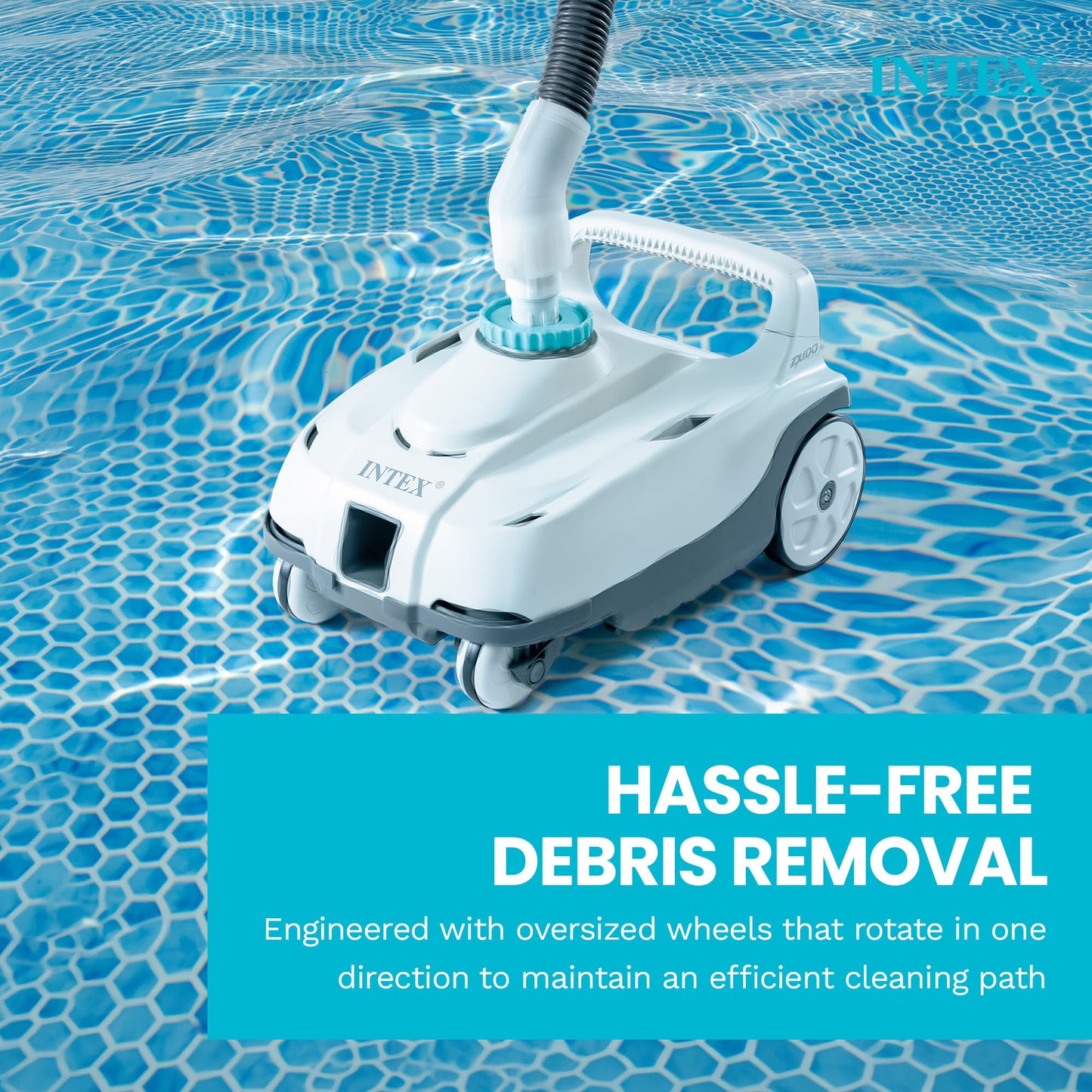 INTEX 28006E ZX100 Pressure-Side Above Ground Automatic Pool Cleaner: for Bigger Pools – Cleans Pool Floor – Removes Debris – Removable Filter Tray – 21ft Tangle Free Hose