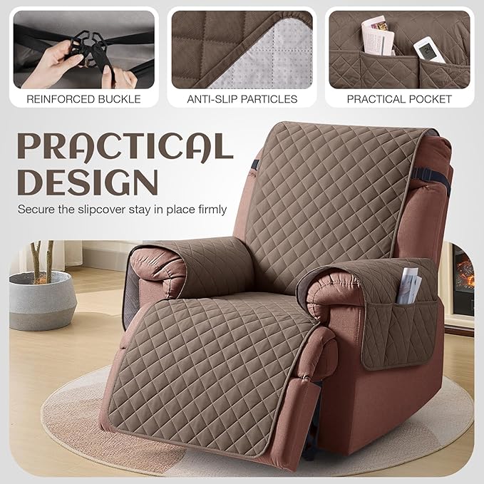 KinCam 100% Waterproof Recliner Chair Cover, Reclining Couch Covers for Pets, Dogs, Recliner Couch Slipcover Furniture Protector with Elastic Straps for Kids(30", Brown)
