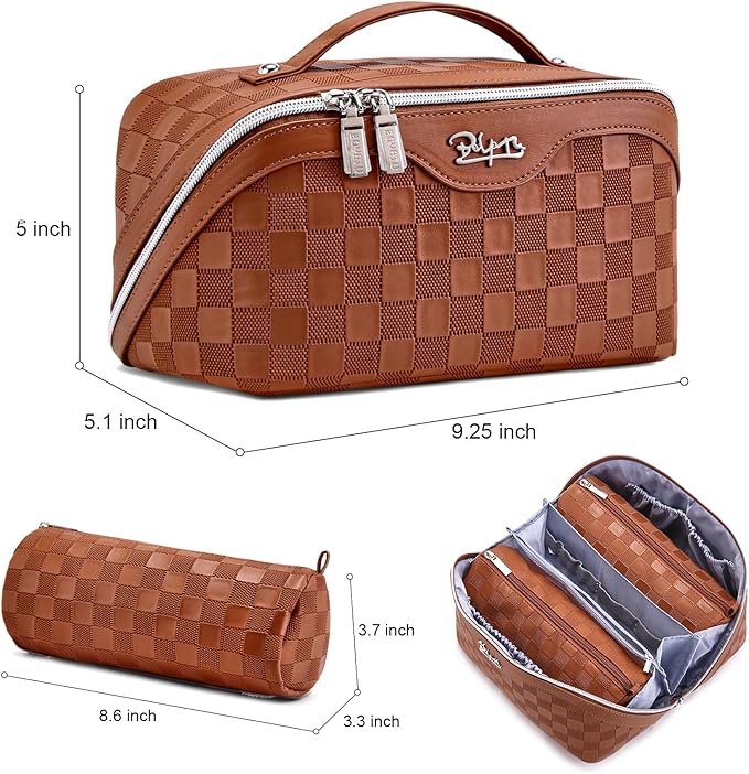 BOYATU Travel Makeup Bag Organizer Cosmetic Bag: 3 Pcs Set Make up Bags for Women with Handle - Waterproof Vegan Leather Toiletry Bags Travel Essentials Pouch with Compartments (03-A-Brown)