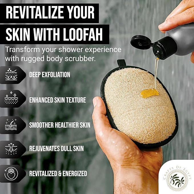 Natural Loofah Shower Body Scrubber for Men, Egyptian Luffa Sponge Exfoliating Loofah, Body Sponges for Shower, Mens Hygiene Essentials, Bath Loofahs Body Scrubber Shower Tool - 2PCS Black & White Set