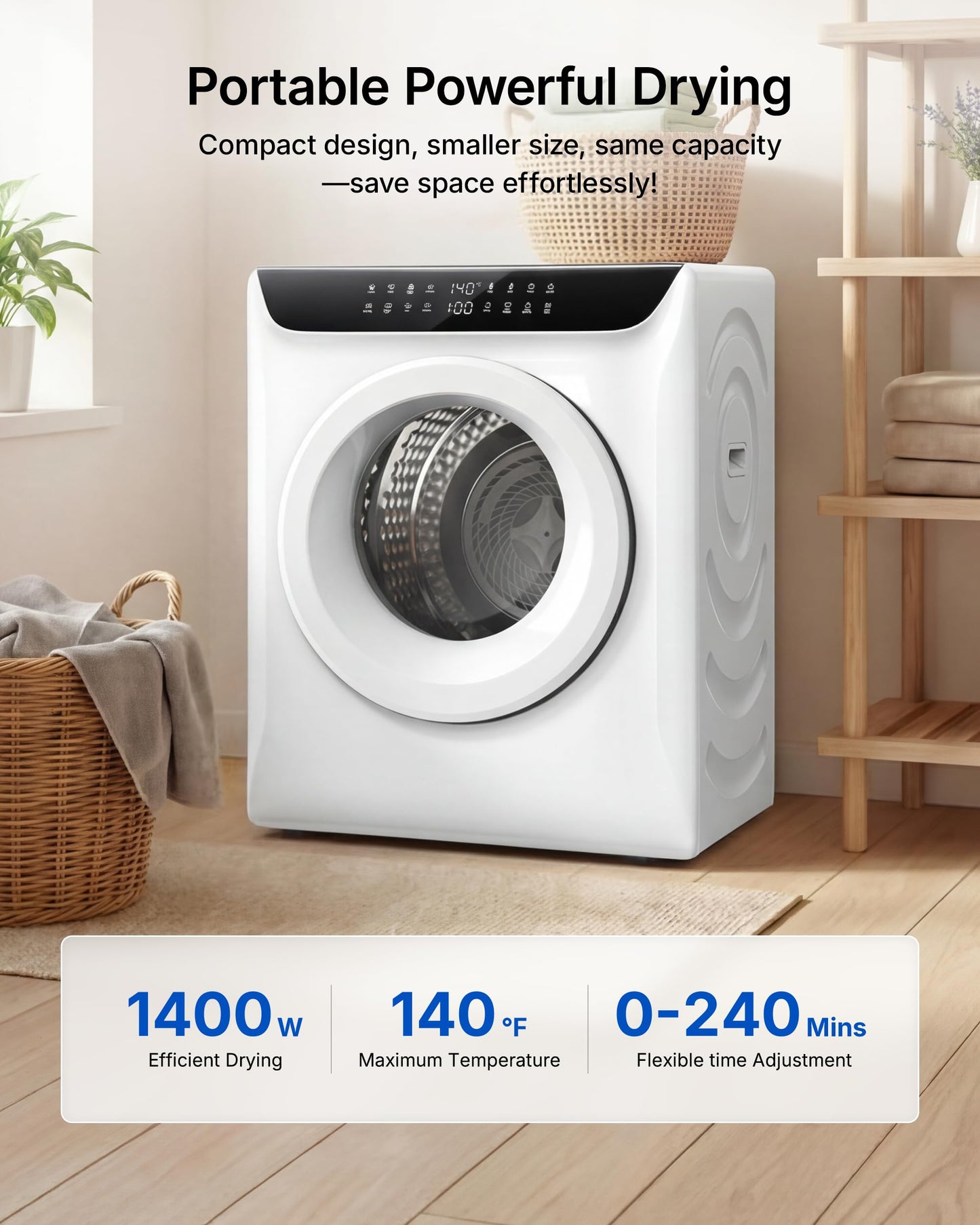 Temprium 3.5 Cu.Ft Portable Dryer for Clothes, 8 Drying Programs, 1400W Clothes Dryer with LED Control Panel, 120V Dryer, Delay Timer, Anti-Crease, Portable Dryers for Laundry, Apartment, Dorms, Home