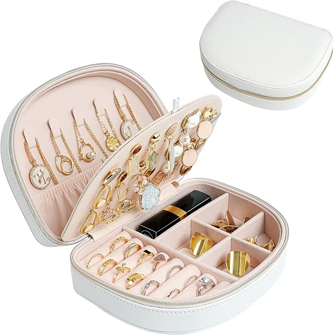 ProCase Travel Size Jewelry Box, Medium Portable Seashell-Shaped Jewelry Case, 2 Layer Mini Jewelry Organizer in PU Leather for Women -White